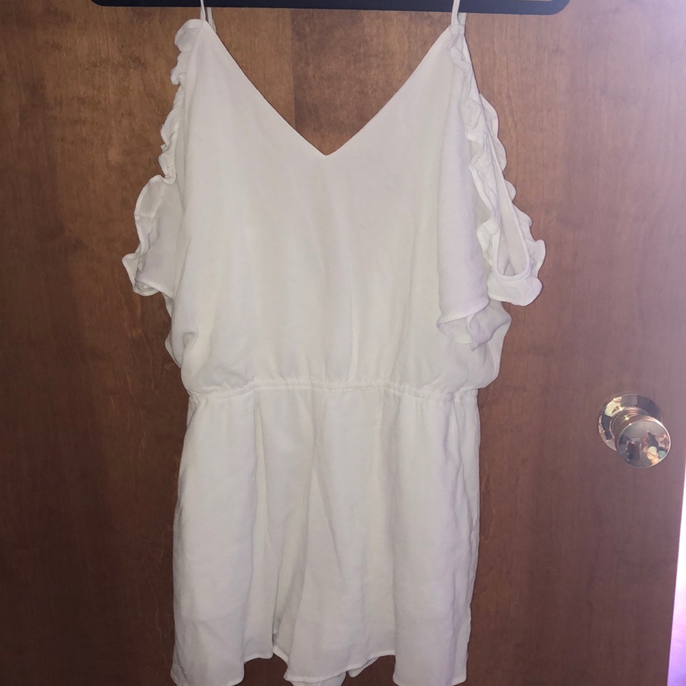 White off the shoulder ruffled romper